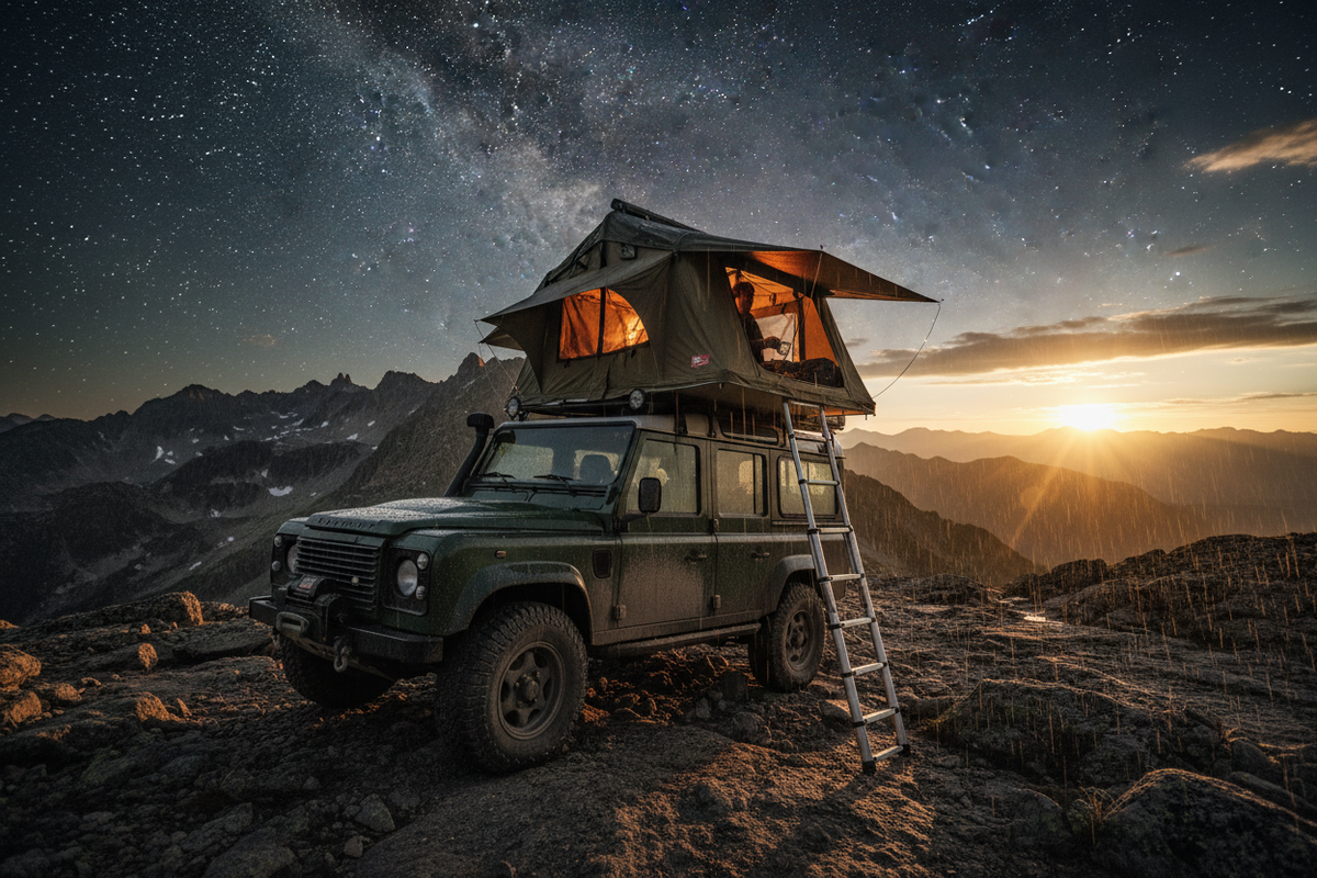 Rugged overland 4x4 truck parked on a rocky mountain trail at golden hour, rooftop tent fully deployed with ladder down. Tent withstands heavy rain, cozy interior lit warmly at night under starry sky. Dramatic lighting, dust and mud details, epic wilderness backdrop. Gritty high-contrast, ultra-realistic 4K adventure photography style.
